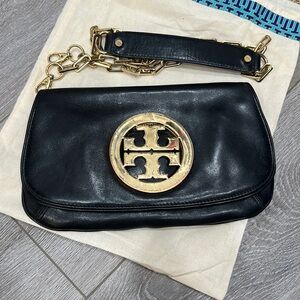 TORY BURCH Reva Black Leather Gold Emblem Clutch